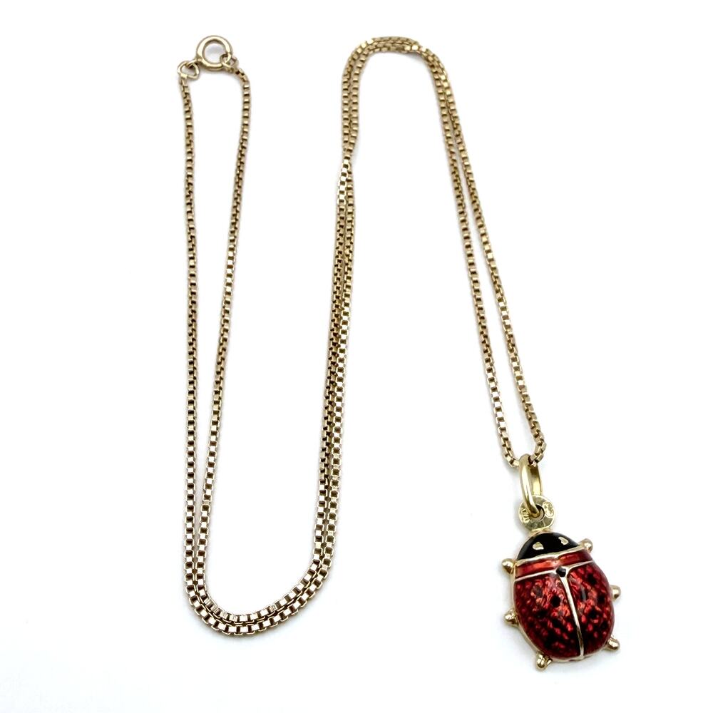 Vintage UNOAERRE 14K Gold Red Ladybug Pendant Charm Necklace Italy Box Chain 18"